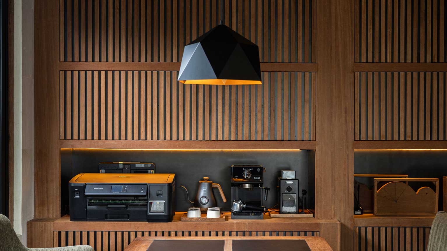 Wooden shelves with home appliances