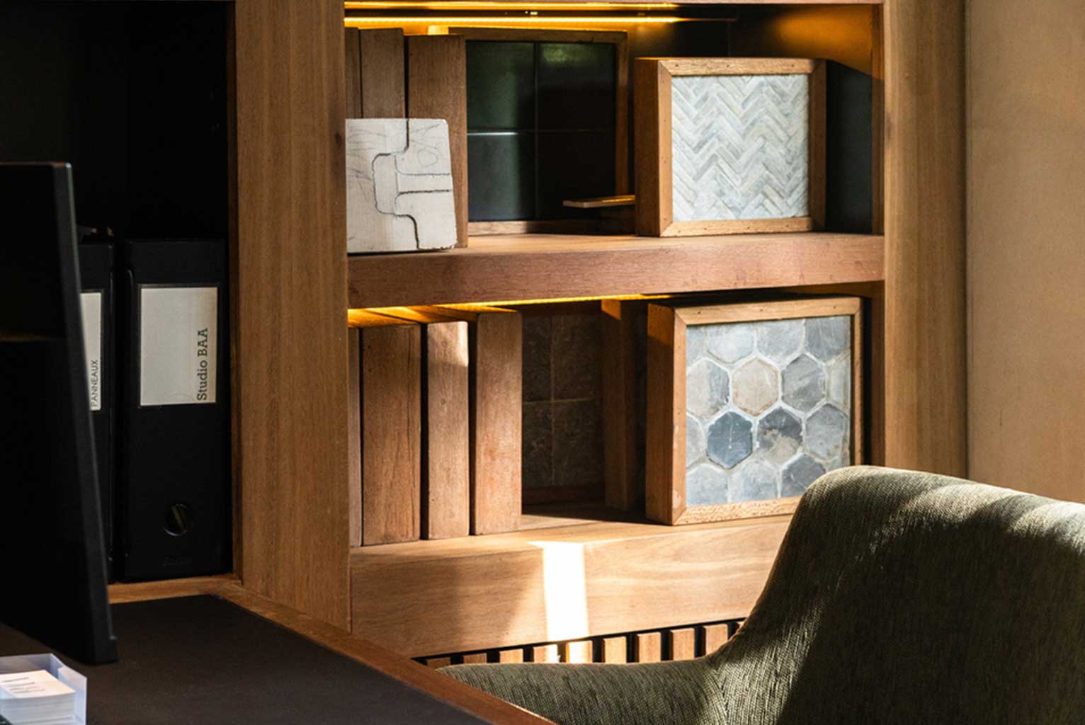 Wooden shelves with decorative items by Koskaki
